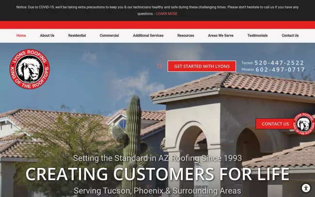 Screenshot of the Lyons Roofing Website