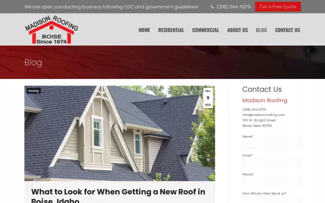 Screenshot of the Madison Roofing Blog