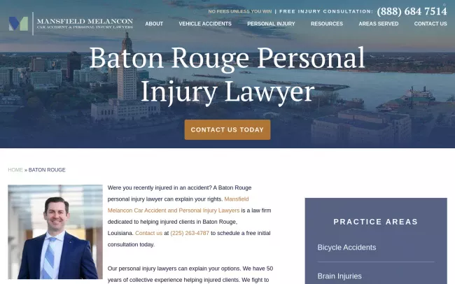 Screenshot of the Mansfield Melancon Car Accident and Personal Injury Lawyers - Baton Rouge Office Website