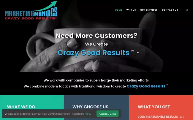 Screenshot of the Marketing Maniacs Website