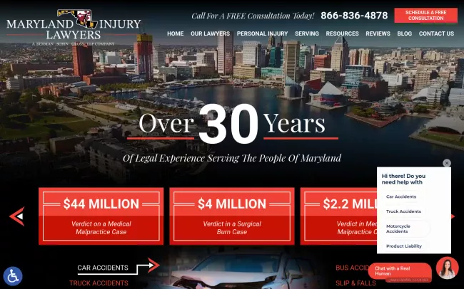 Screenshot of the Maryland Injury Lawyers Website