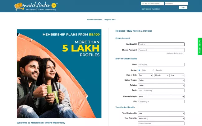 Screenshot of the Matchfinder matrimony Website
