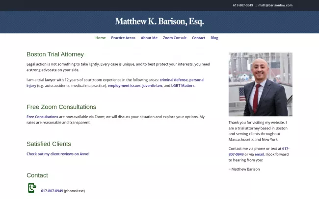 Screenshot of the Matthew K. Barison, Attorney Website
