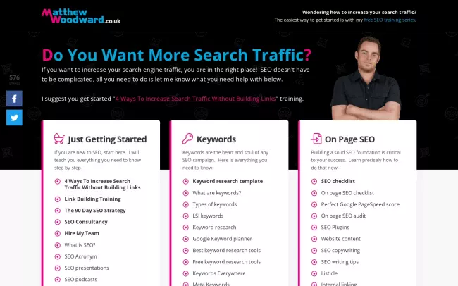 Screenshot of the Search Logistics - Matthew Woodward SEO Guides Blog