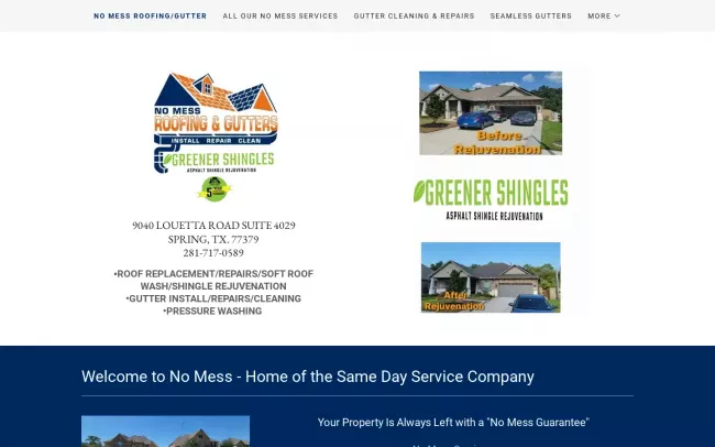 Screenshot of the No Mess Gutters and Roofing Services Inc. Website
