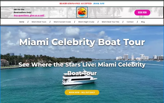 Screenshot of the Miami Celebrity Boat tours Website