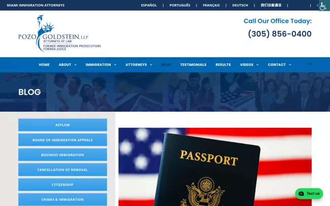 Screenshot of the Miami Immigration Lawyer Blog at Pozo Goldstein LLP