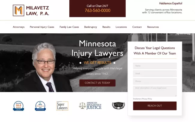 Screenshot of the Milavetz Injury Law, P.A. Website