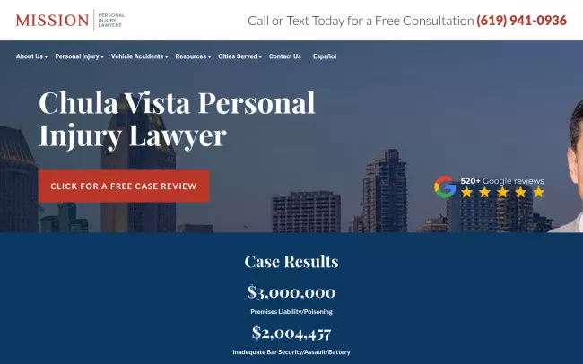 Screenshot of the Mission Personal Injury Lawyers - Chula Vista Website