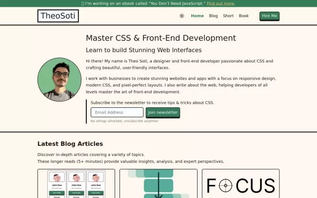Screenshot of the Modern CSS & Front-End Design by Theo Soti Blog