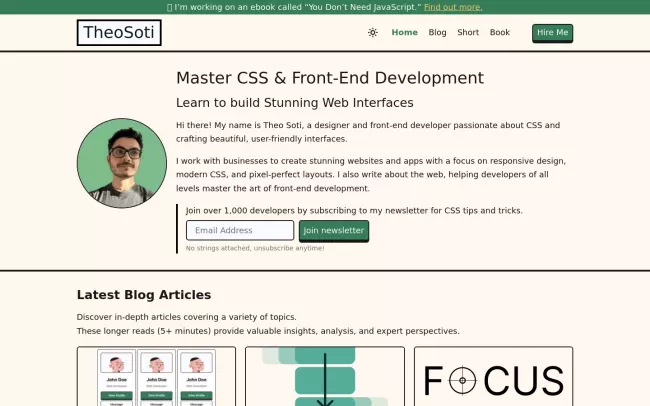 Screenshot of the Modern CSS & Front-End Design by Theo Soti Blog