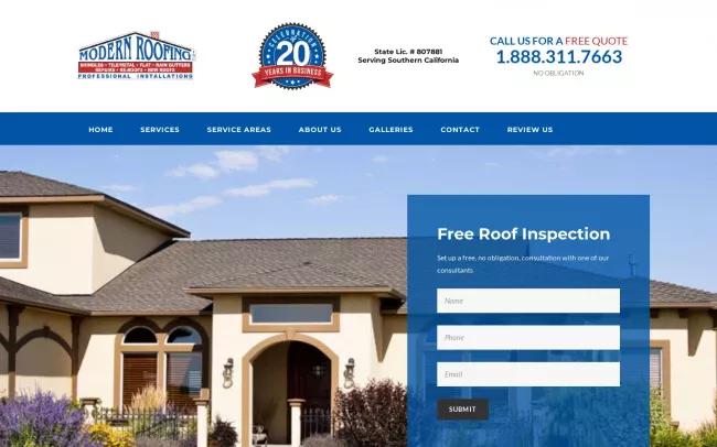 Screenshot of the Modern Roofing Inc Website
