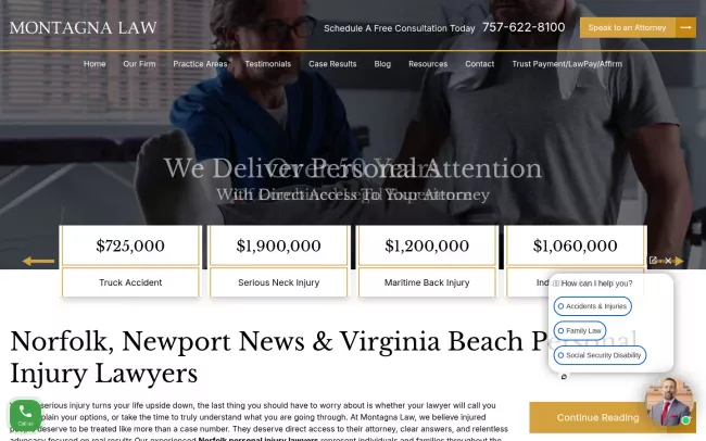 Screenshot of the Montagna Law - Norfolk Personal Injury Lawyer Website