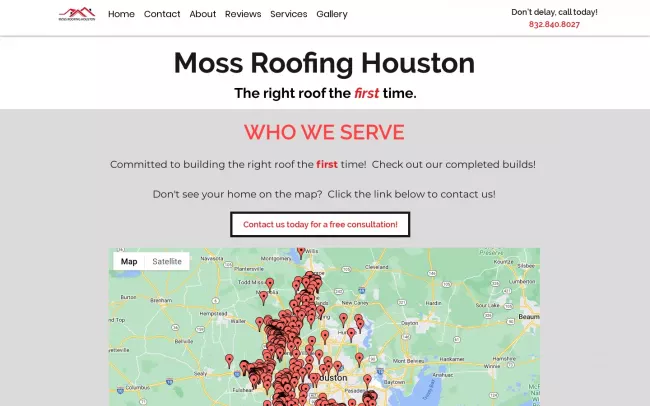 Screenshot of the Moss Roofing Houston Website