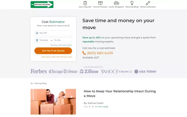 Screenshot of the Moving Cost Blog at MyMovingReviews