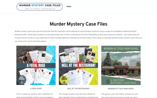 Screenshot of the Murder Mystery Case Files Website