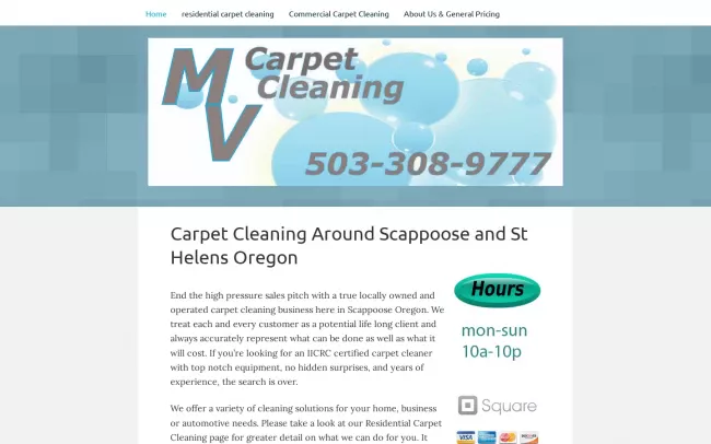 Screenshot of the MV Carpet Cleaning Website