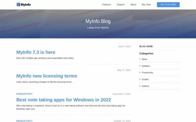 Screenshot of the MyInfo Personal Productivity Blog