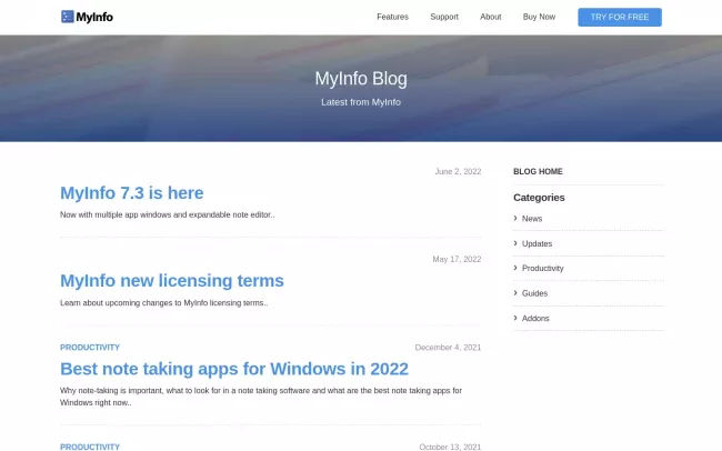 Screenshot of the MyInfo Personal Productivity Blog