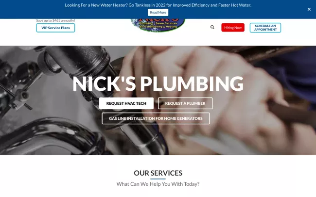 Screenshot of the Nick's Plumbing & Air Conditioning Website