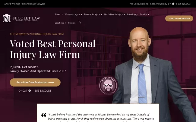 Screenshot of the Nicolet Law Accident & Injury Lawyers Website