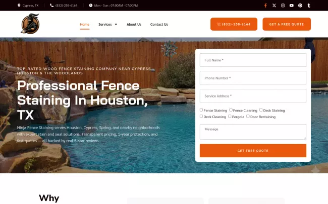 Screenshot of the Ninja Fence Staining - Houston's Top Fence and Wood Restoration Company Website