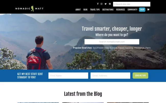 Screenshot of the Nomadic Matt Blog