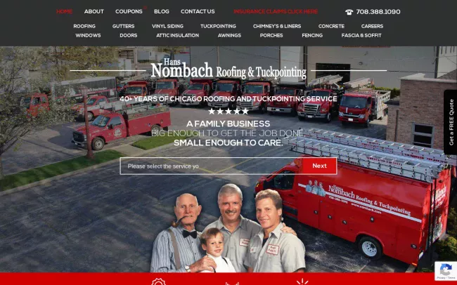 Screenshot of the Nombach Roofing & Tuckpointing Website