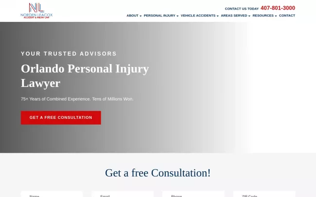 Screenshot of the Norden Leacox Accident & Injury Law Orlando Website