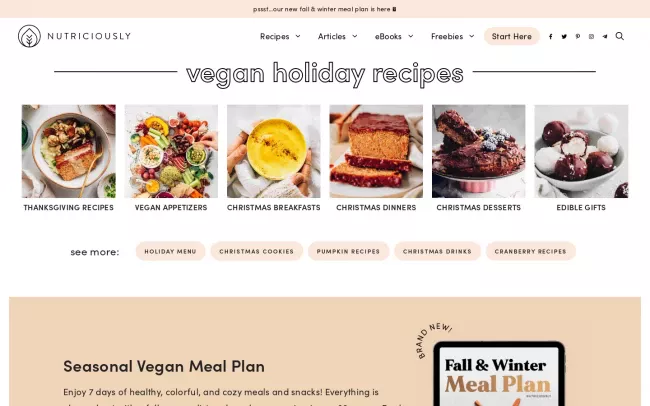 Screenshot of the Nutriciously - Plant-Based Recipe Blog