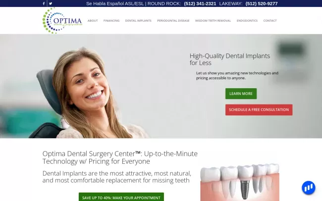 Screenshot of the Optima Dental Surgery Center - Lakeway Website