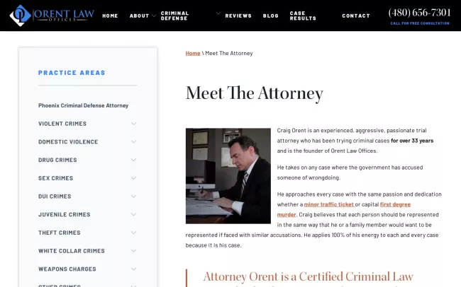 Screenshot of the Orent Law Offices, PLC Phoenix Website
