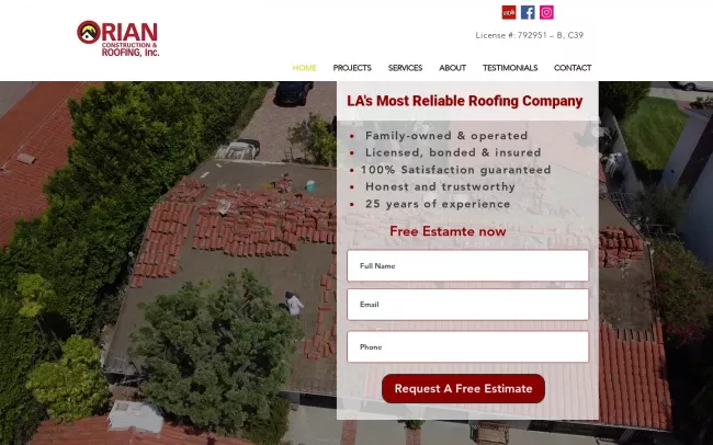 Screenshot of the Orian Roofing And Construction Inc. Website