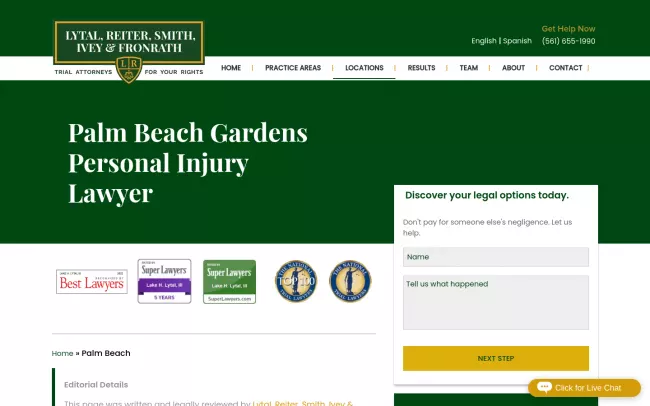 Screenshot of the Palm Beach Gardens Personal Injury Lawyer Website