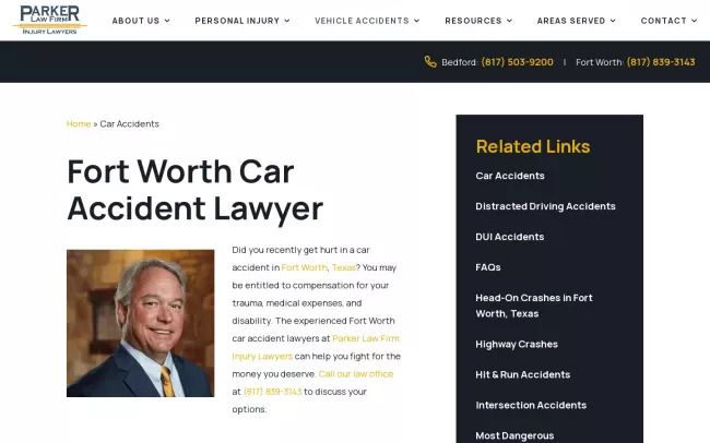 Screenshot of the Parker Law Firm Injury Lawyers - Fort Worth Office Website