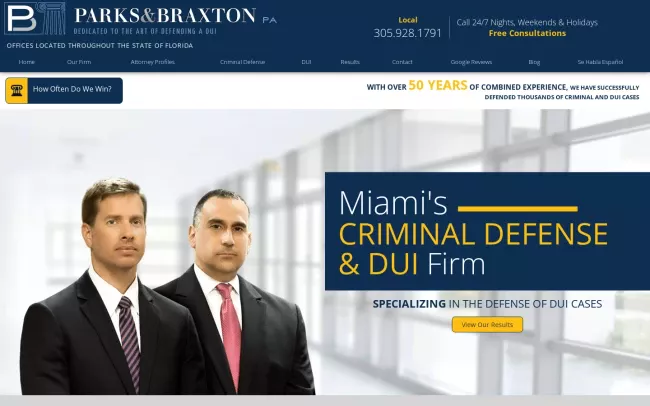 Screenshot of the Parks & Braxton, PA DUI Attorney Miami Website