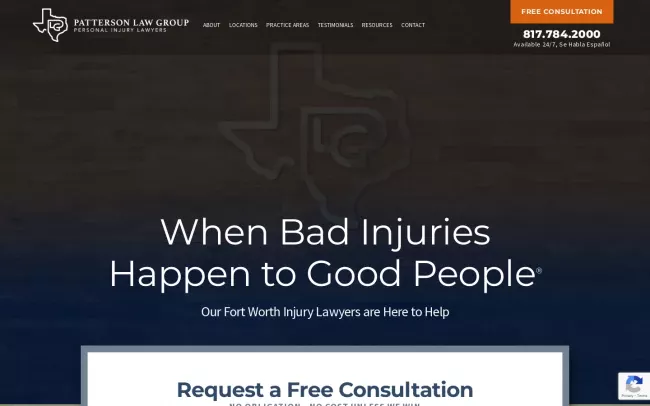 Screenshot of the Patterson Law Group - Arlington Personal Injury Lawyers Website