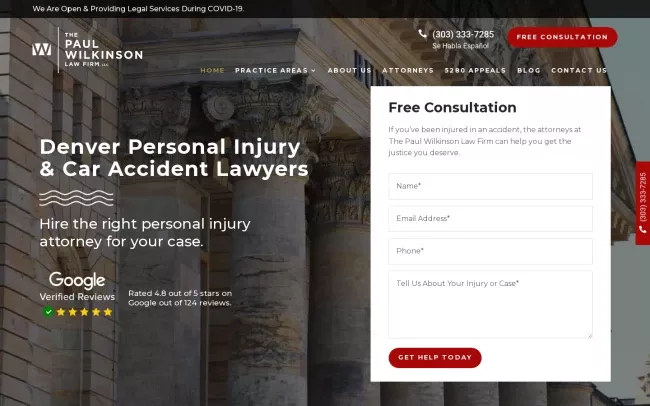 Screenshot of the The Paul Wilkinson Law Firm - Denver Personal Injury Attorneys Website