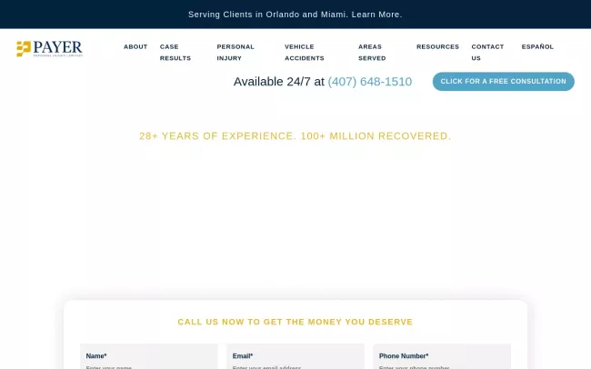 Screenshot of the Payer Law Personal Injury Lawyers Orlando Website