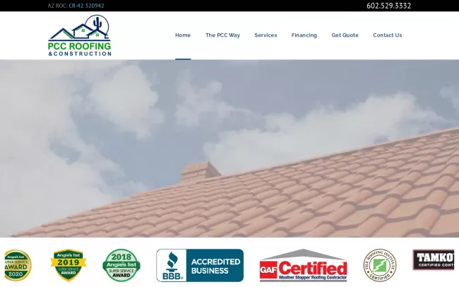 Screenshot of the PCC Roofing & Construction, LLC Website