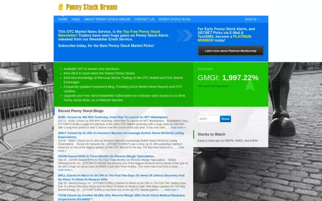 Screenshot of the Penny Stock Dream Newsletter Blog