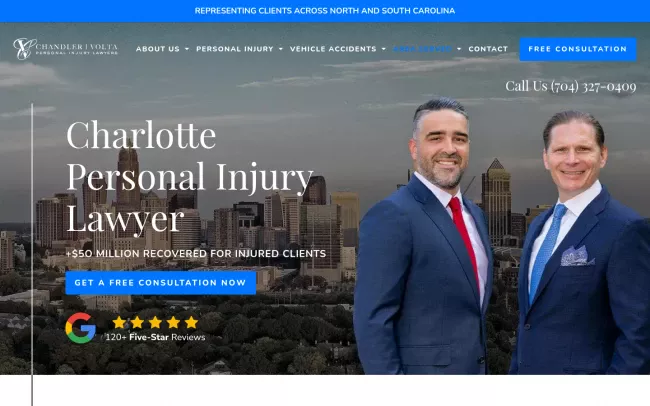 Screenshot of the Chandler Volta Personal Injury Lawyers in Charlotte, North Carolina Website