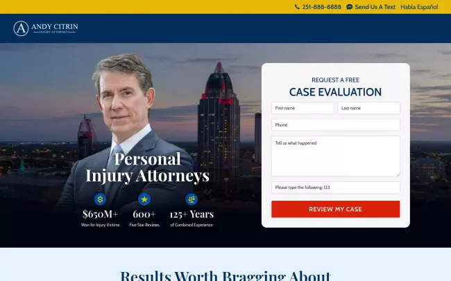 Screenshot of the Personal Injury Lawyers Mobile - Andy Citrin Injury Attorneys Website
