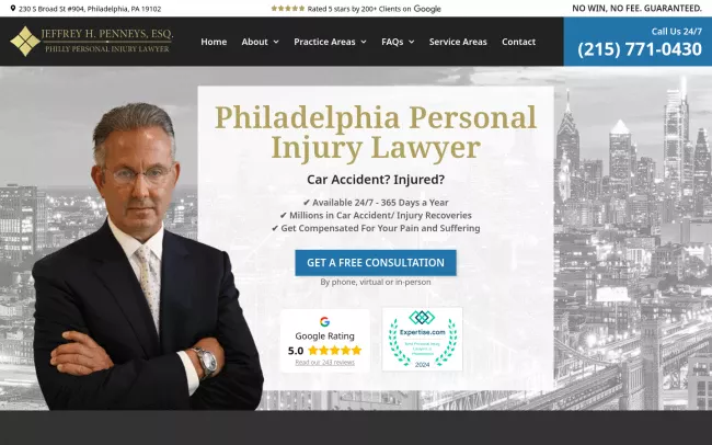 Screenshot of the Philly Personal Injury Lawyer, Jeffrey H. Penneys, P.C. Website