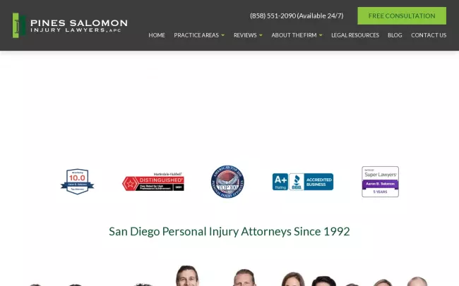 Screenshot of the Pines Salomon Personal Injury Lawyers - La Jolla Office Website