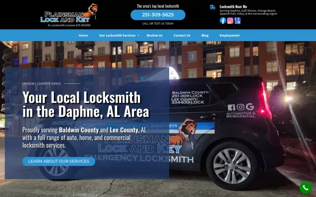 Screenshot of the Plainsman Lock and Key - Locksmith Daphne Alabama Website