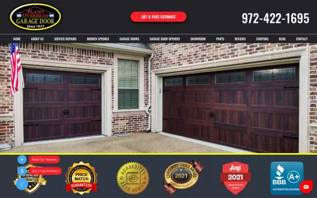 Screenshot of the Plano Overhead Garage Door Website