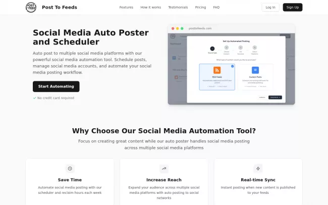 Screenshot of the PostToFeeds - Social Media Auto Poster and Scheduler Website