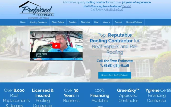 Screenshot of the Preferred Roofing, Inc. Website