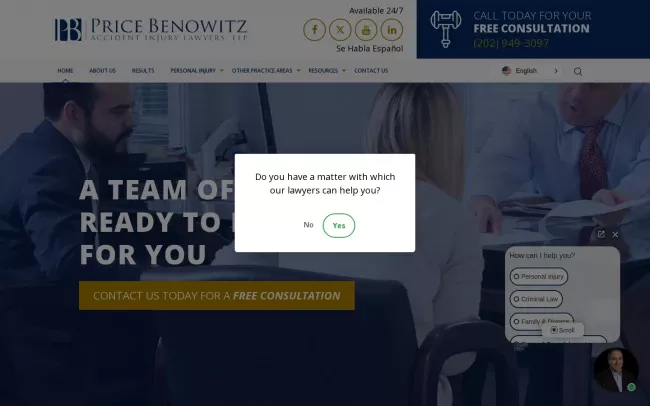 Screenshot of the Price Benowitz Accident Injury Lawyers, LLP Website